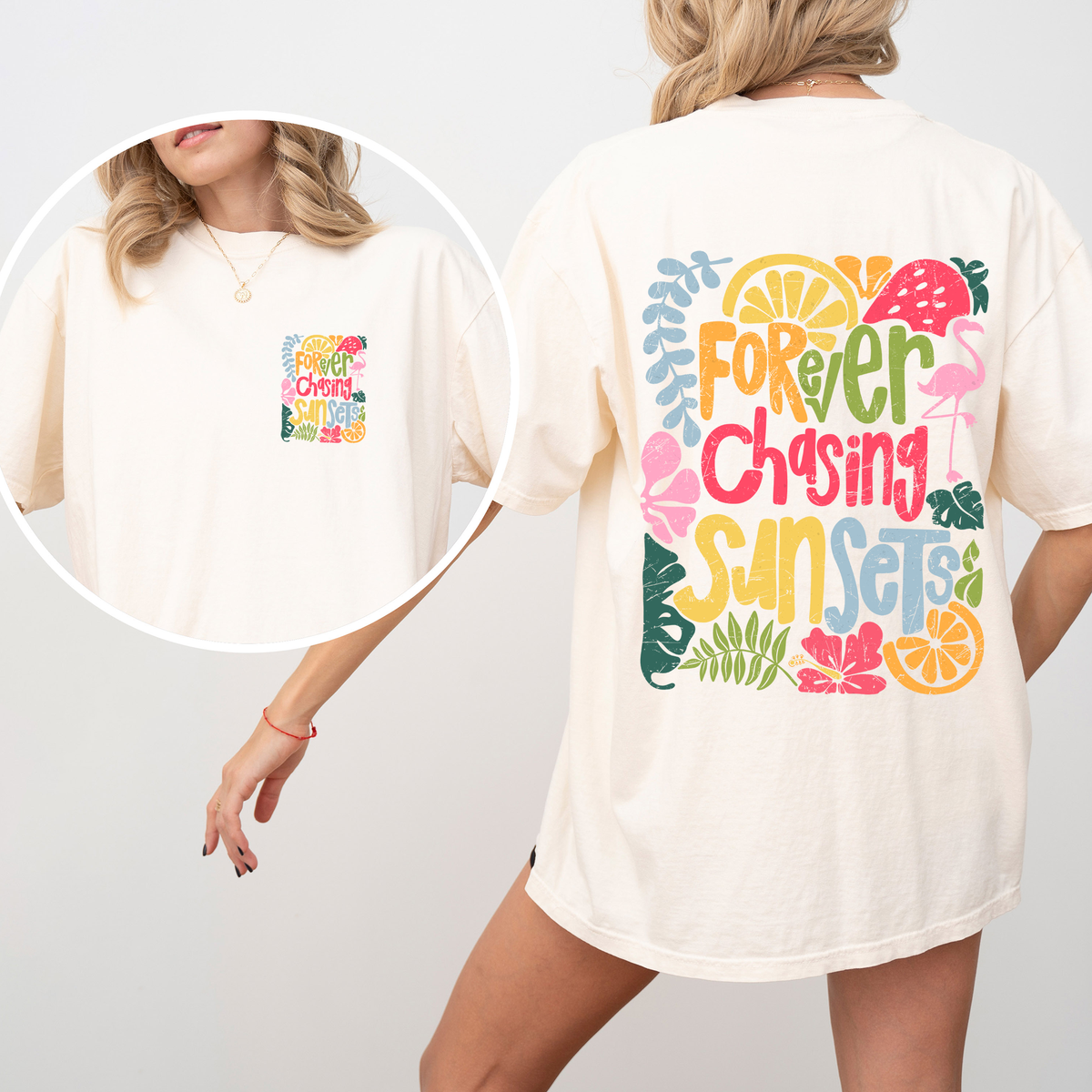 Forever Chasing Sunsets Flamingo Beach Summer Vibes Coastal Calm Ocean Breeze Comfort Colors Tee