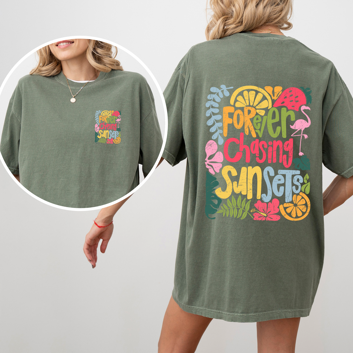 Forever Chasing Sunsets Flamingo Beach Summer Vibes Coastal Calm Ocean Breeze Comfort Colors Tee
