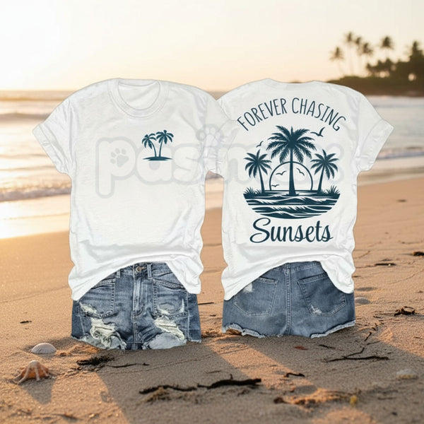 "Forever Chasing Sunsets" Graphic T-Shirt - Aesthetic Nature Adventure Tee, Premium 100% Cotton Wanderlust Top, Retro Golden Hour Beach Shirt, Inspirational Sunset Lover Gift, Soft Lived-In Summer Travel Apparel