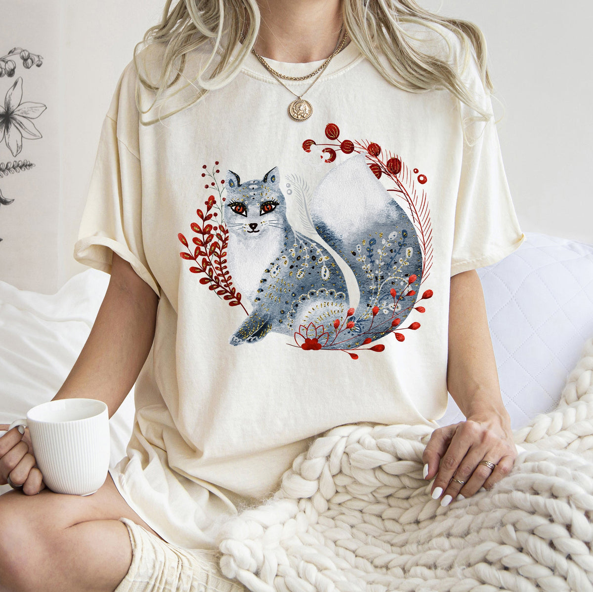 Fox Folk Art Scandinavian Winter Christmas Nordic Woodland Scene Themed Illustration Comfort Colors Tee