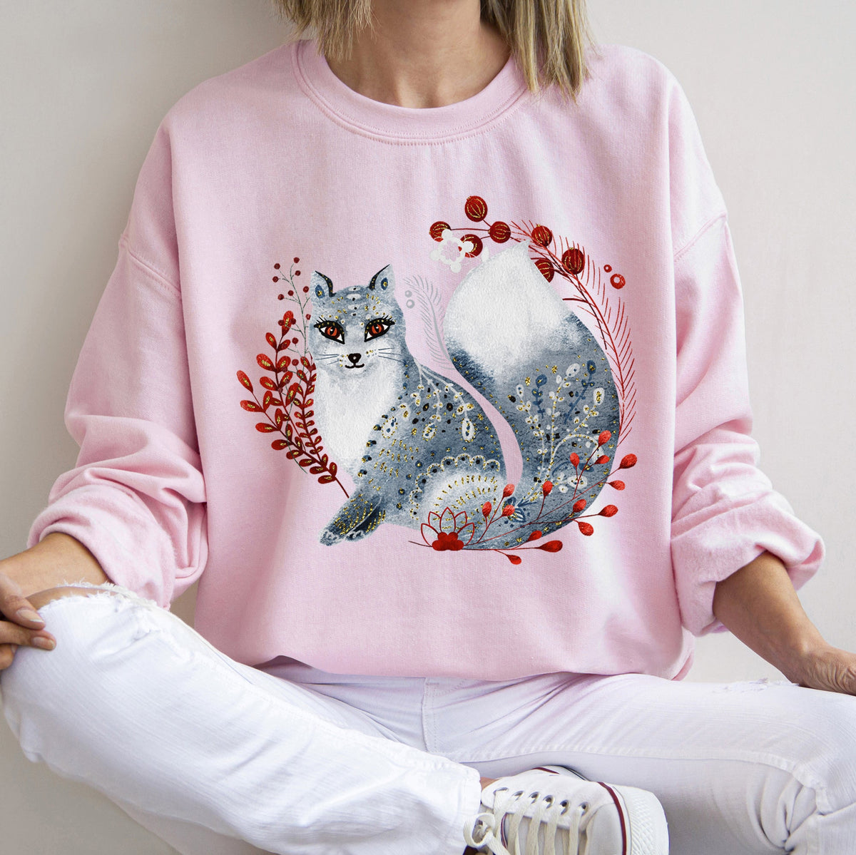 Fox, Folk Art Scandinavian Christmas Fox Art Illustration For Cozy Nordic Holiday Sweatshirt