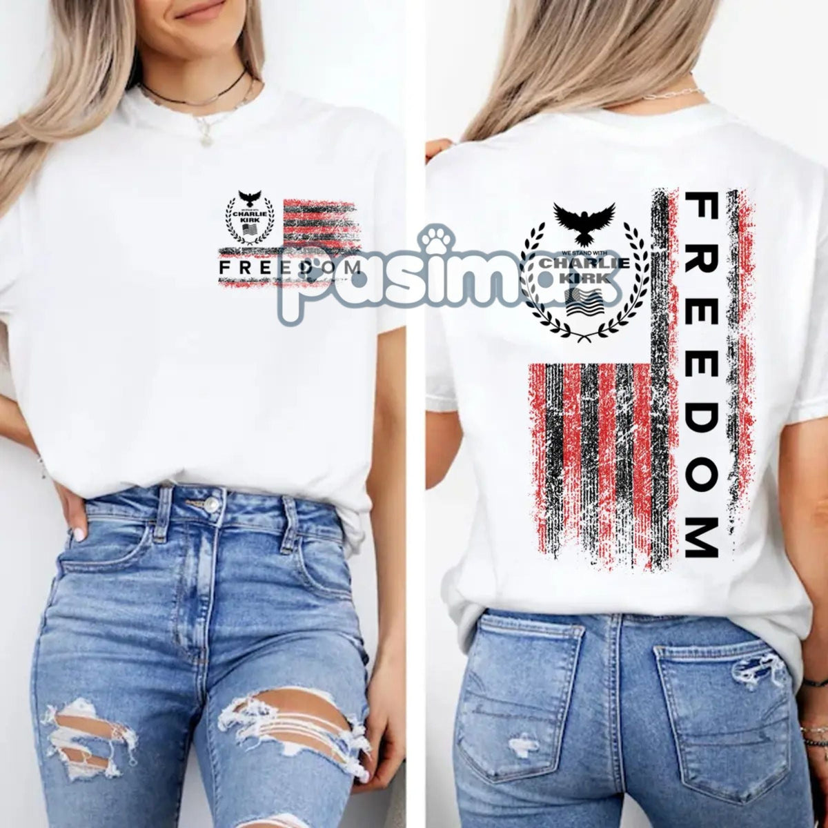 Freedom Charlie Kirk USA Flag T-Shirt - We Stand With Charlie Kirk, 2-Sided Patriotic Tee