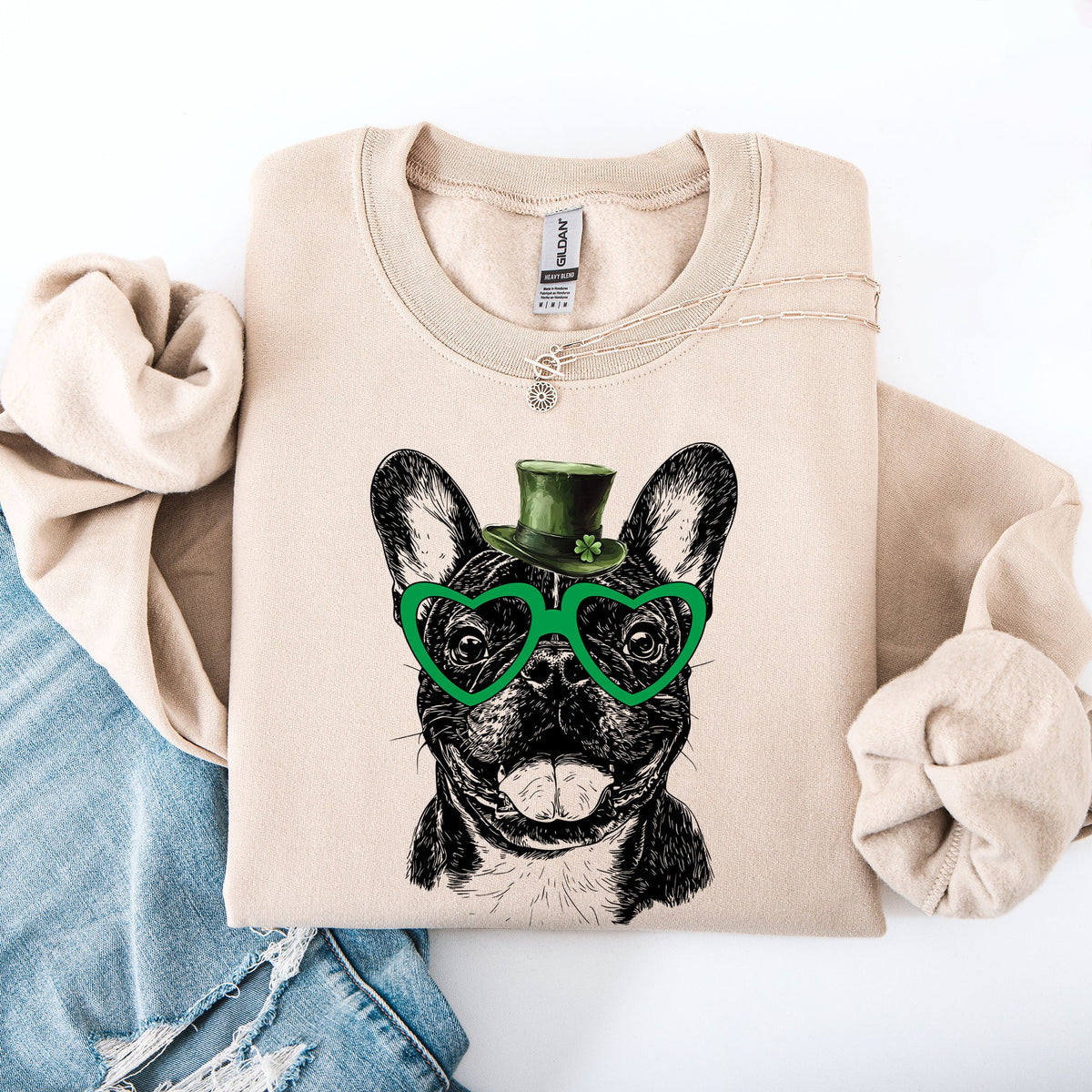 Frenchie St. Patrick's Day Irish Luck Pup Love Warm Cozy Fleece Themed Sweatshirt