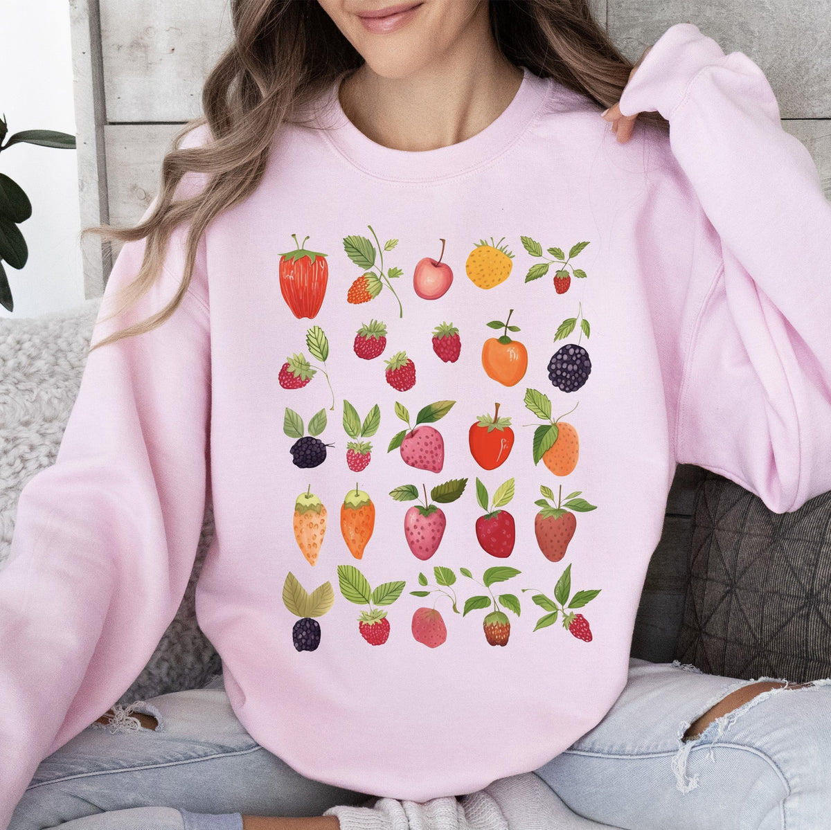Fruity Delight Colorful Berries Illustrated Whimsical Fruit Pattern Artwork Sweatshirt