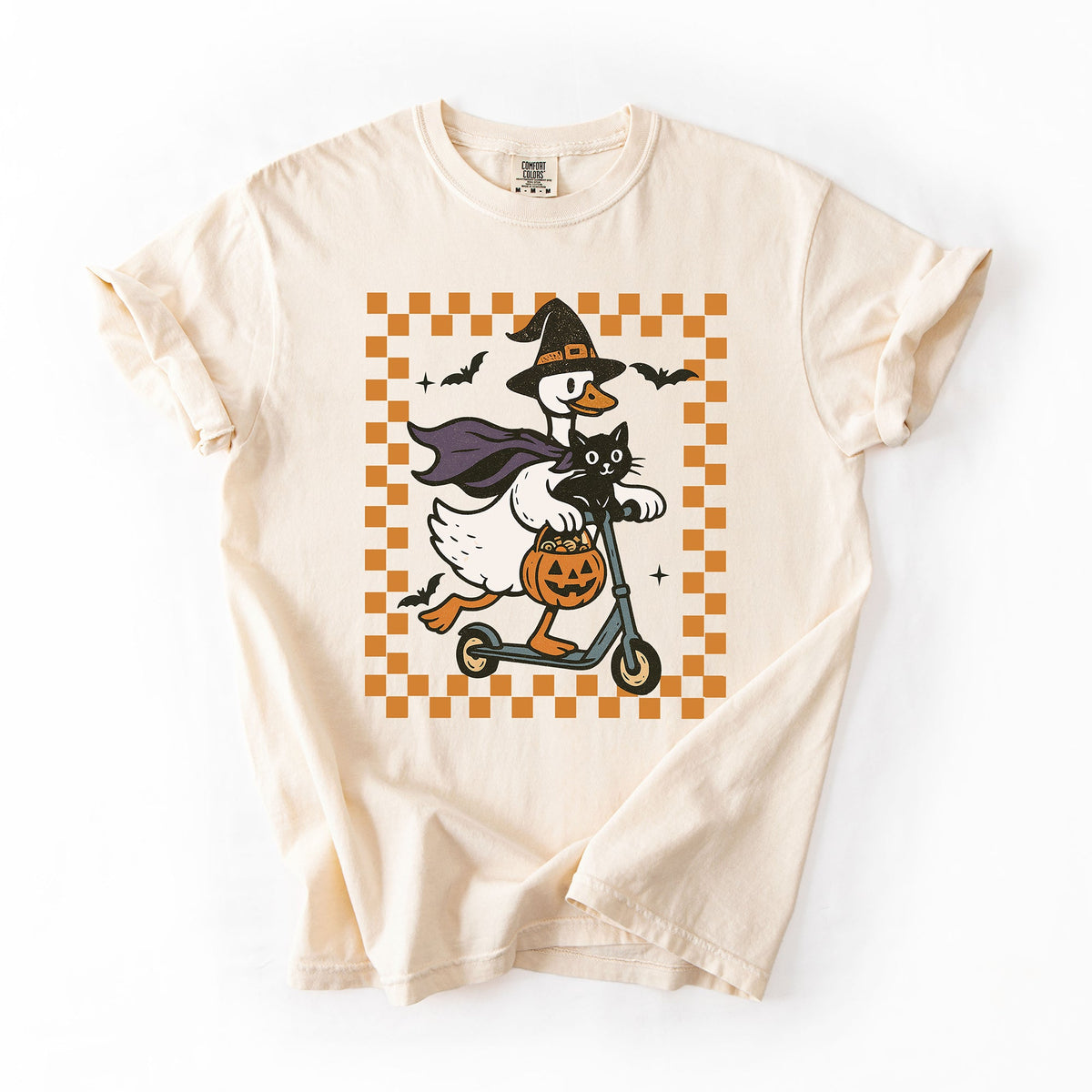 Funny Halloween Goose With Black Cat Witch Checkered Scene Artwork Comfort Colors Tee