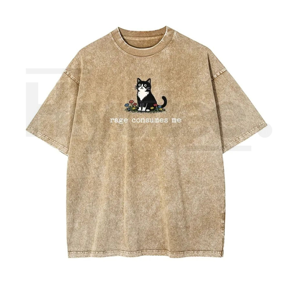 Funny Cat Meme Vintage Washed T-Shirt – “Rage Consumes Me” Oversized Cotton Graphic Tee