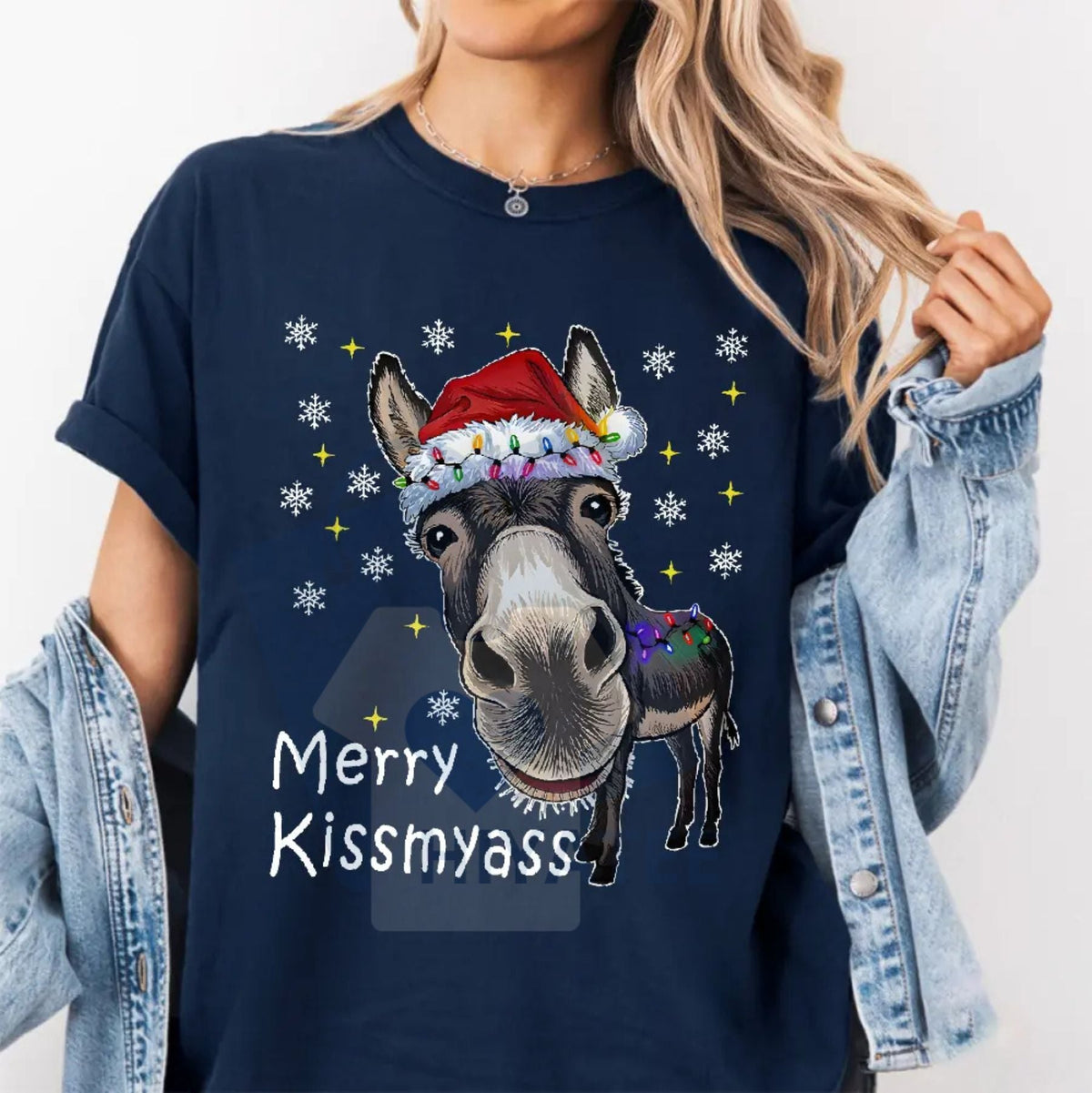 Funny Donkey Santa Hat "MERRY KISSMYASS" Christmas T-Shirt – Unisex Adult Humor Holiday Tee