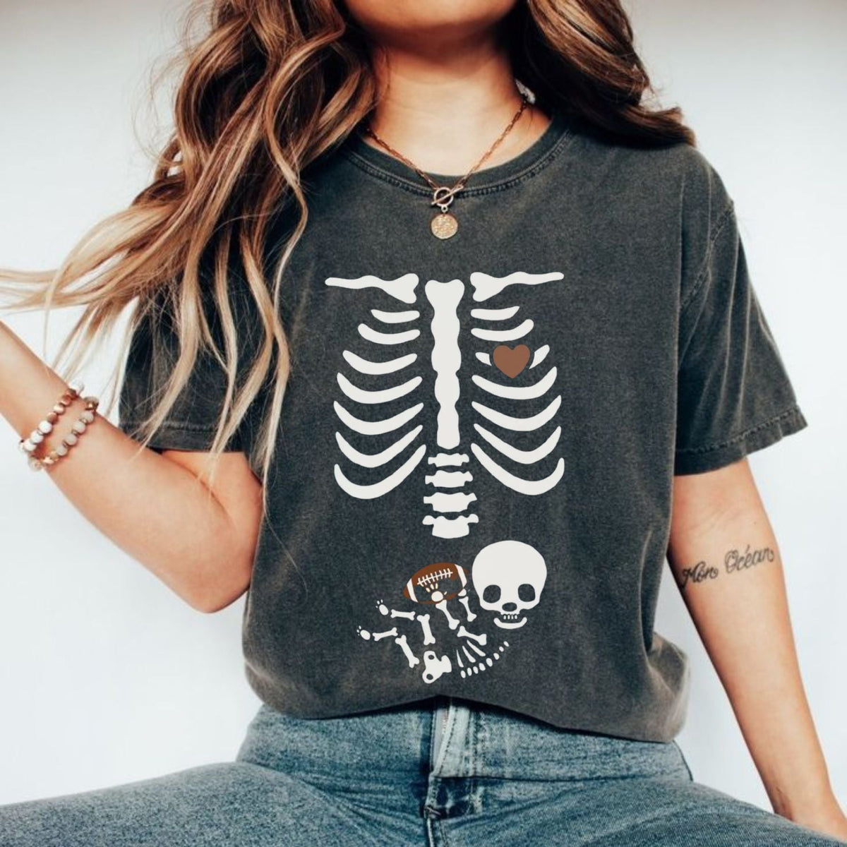 Funny Football Pregnancy Shirt – Pregnant Skeleton Halloween Maternity Tee, Mama To Be Sweater, Fall Gift for New Mom