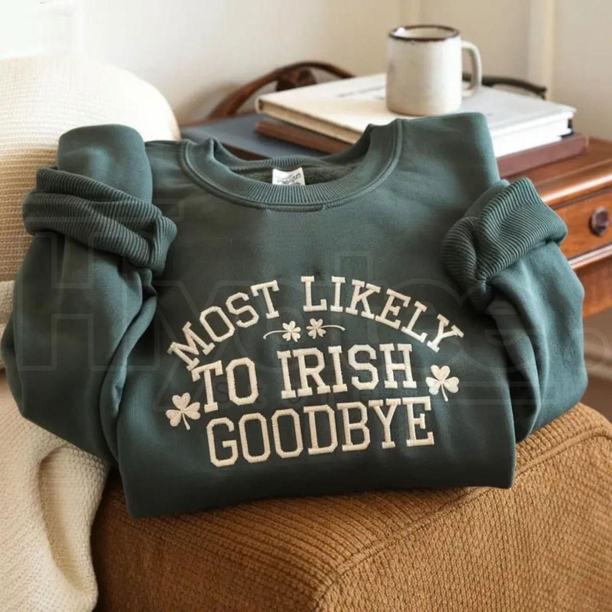 Funny "Most Likely To Do An Irish Exit" Embroidered Sweatshirt – St. Patrick's Day Irish Flag & Shamrock Crewneck