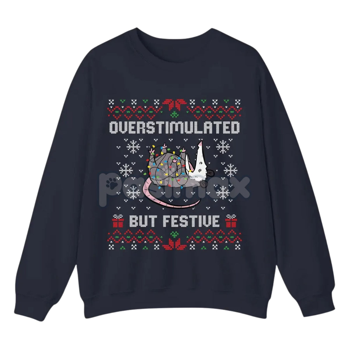 Funny Opossum Christmas Sweatshirt – "Overstimulated But Festive" Ugly Holiday Top