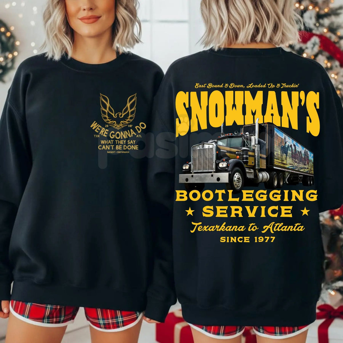 Funny Snowman's Bootlegging Service 2-Sided Sweatshirt | Prohibition Era Holiday Humor Crewneck