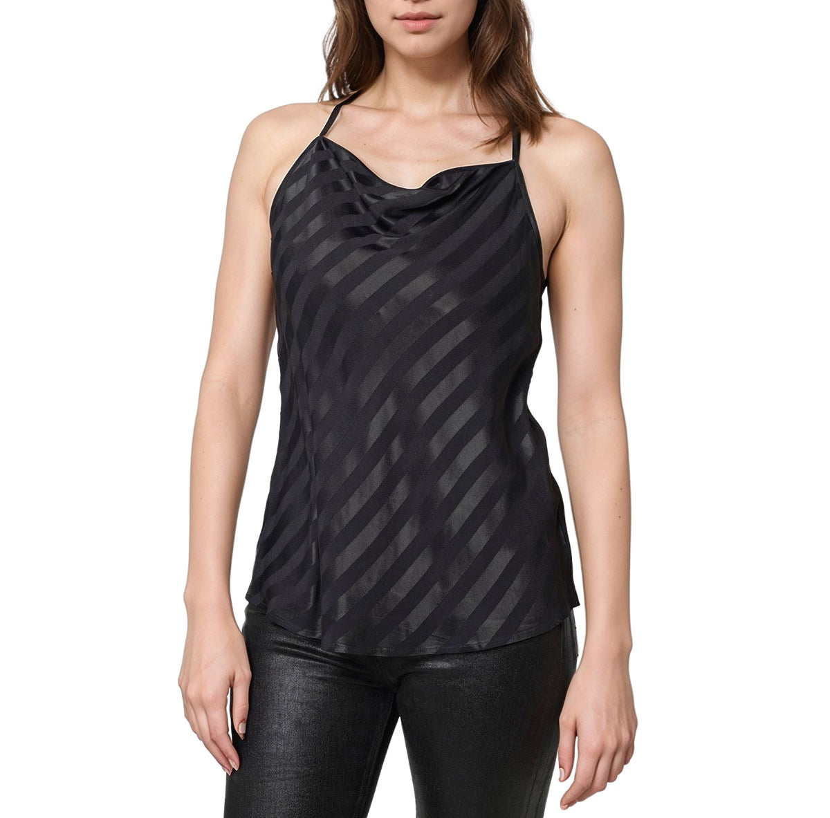 Women's Stripe Satin Draped Neck Camisole in Black