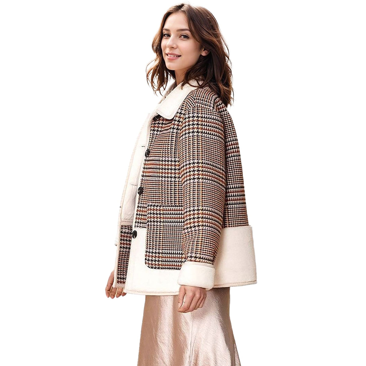 Women's Plaid Fur Jacket in Rust Houndstooth