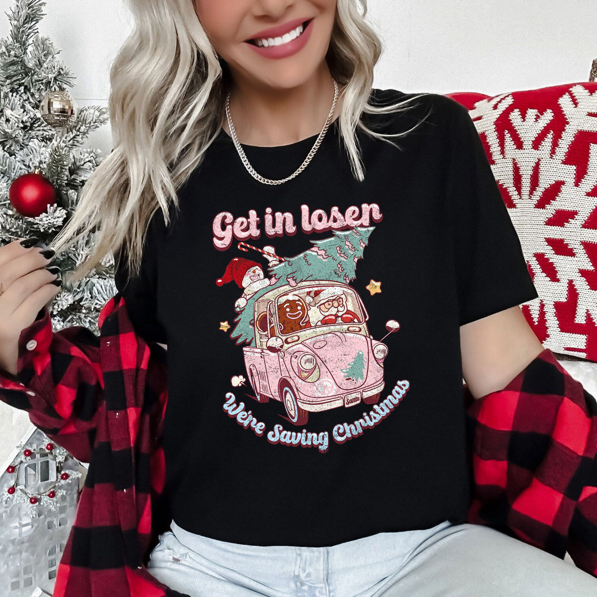 Get In Loser We're Saving Christmas Retro VW Santa Snowman Limited Edition Graphic Tee