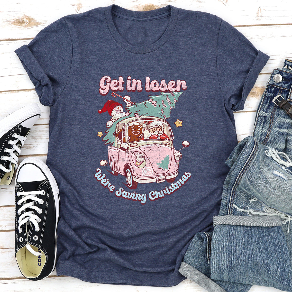 Get In Loser We're Saving Christmas Retro VW Santa Snowman Limited Edition Graphic Tee