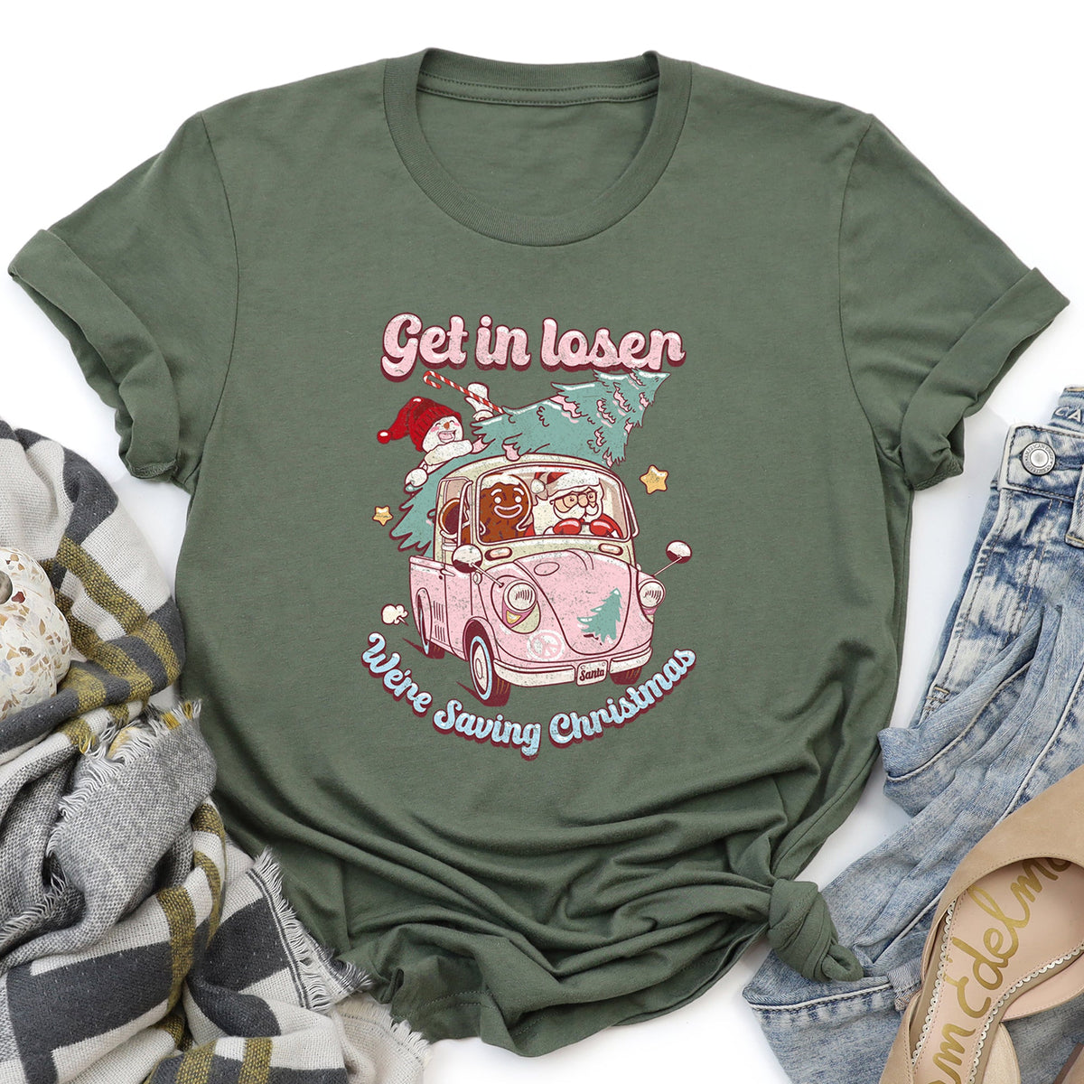 Get In Loser We're Saving Christmas Retro VW Santa Snowman Limited Edition Graphic Tee