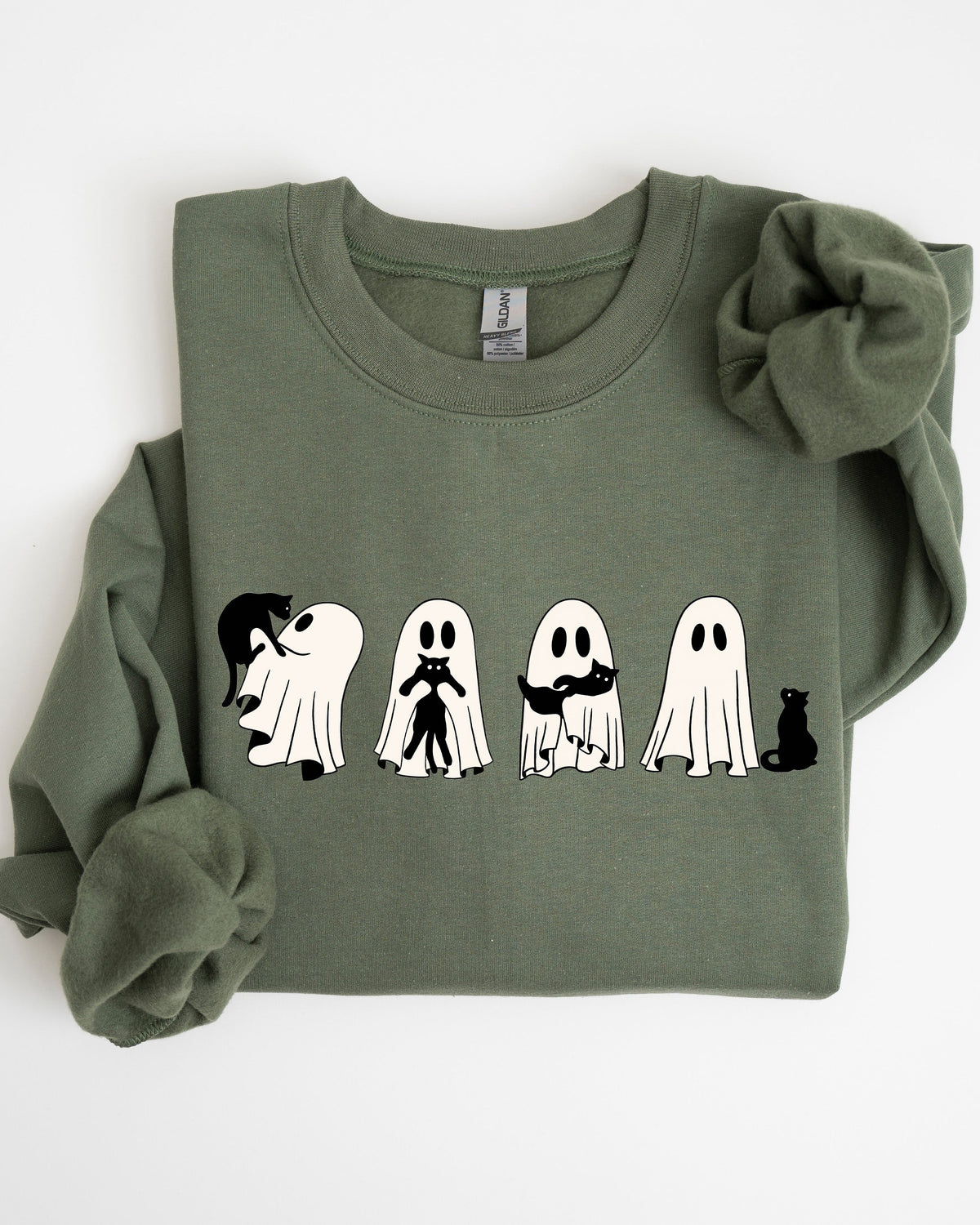 Ghost Cats Trick Or Treat Halloween Witch Skeleton Festive Cozy Print Sweatshirt