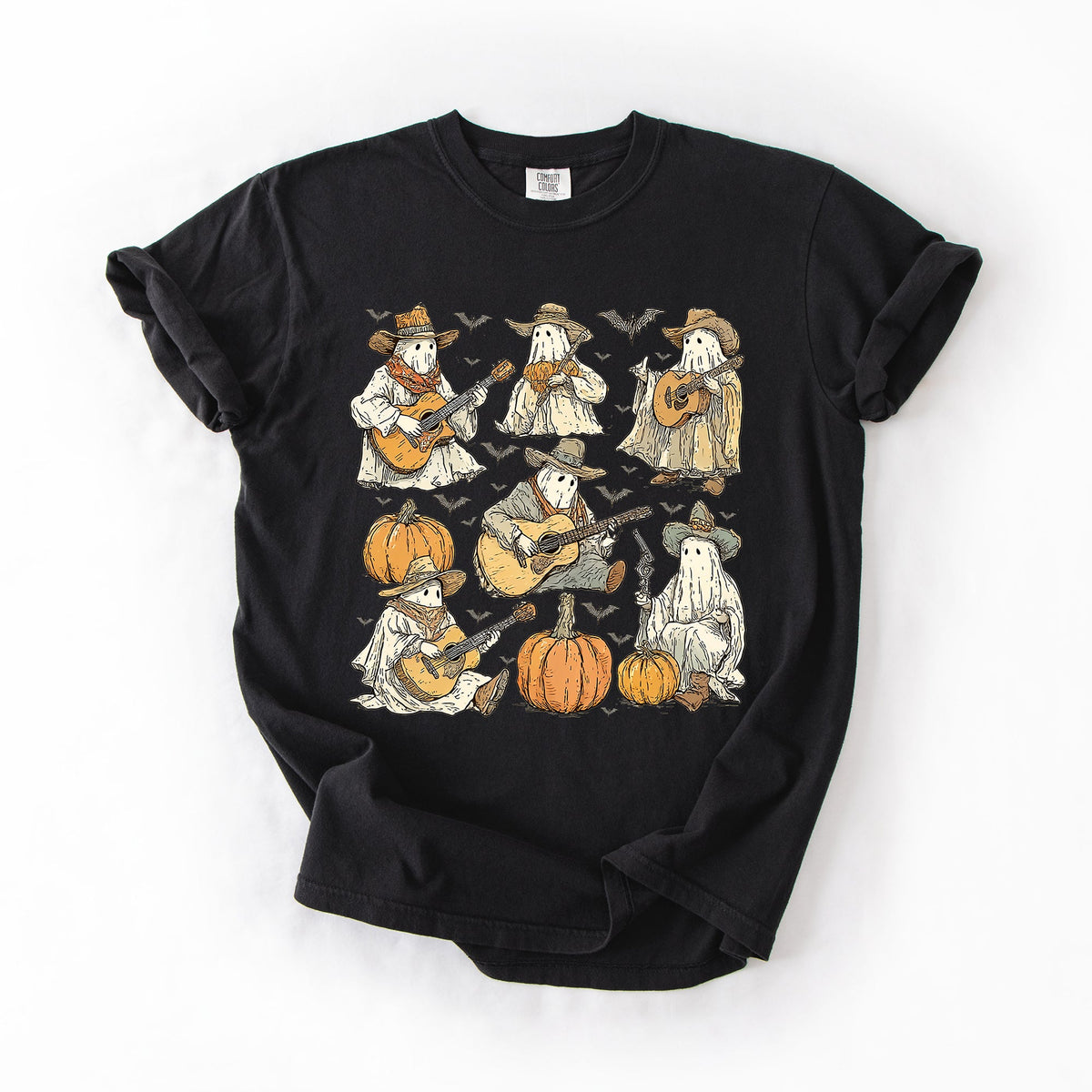 Ghost Cowboys Halloween Bats Spooky Western Outlaws Under Moonlit Sky With Whimsical Ghost Town Charm Comfort Colors Tee
