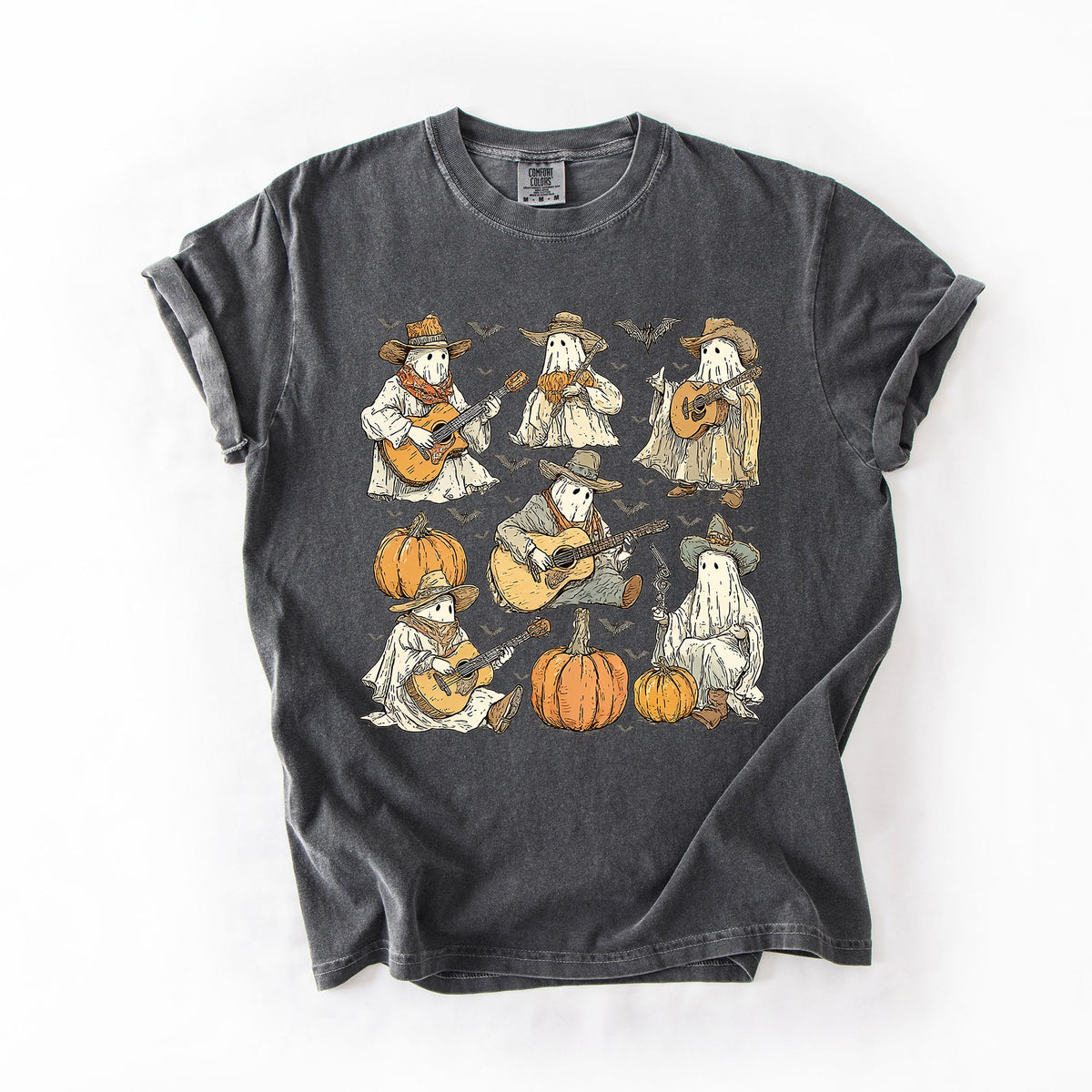 Ghost Cowboys Halloween Bats Spooky Western Outlaws Under Moonlit Sky With Whimsical Ghost Town Charm Comfort Colors Tee