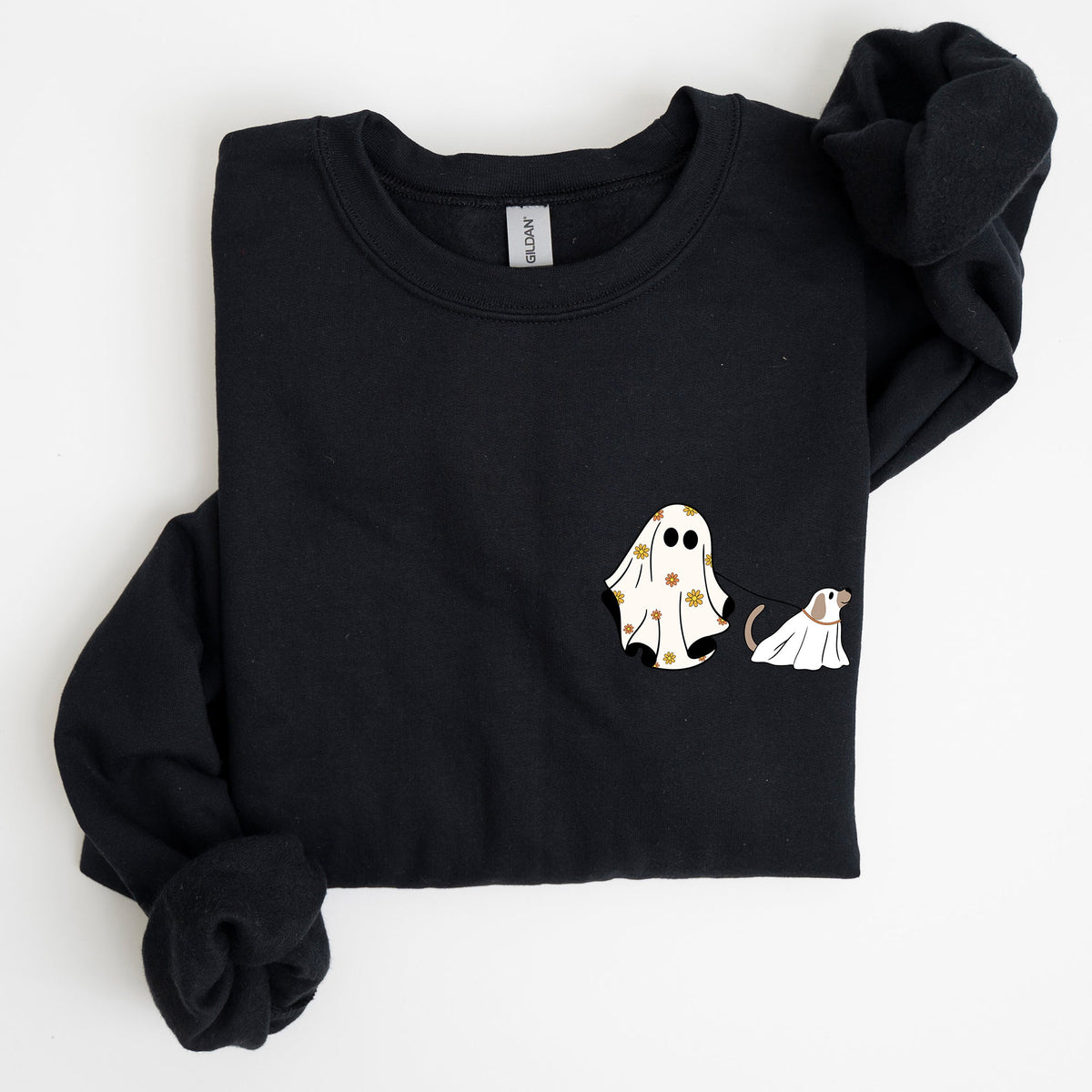 Ghost Walking Dog Pocket Print Halloween Animal Lover Cozy Warm Vintage Vibe Sweatshirt