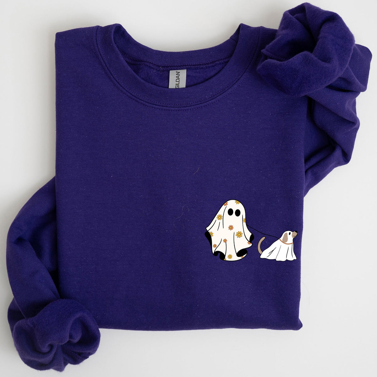 Ghost Walking Dog Pocket Print Halloween Animal Lover Cozy Warm Vintage Vibe Sweatshirt