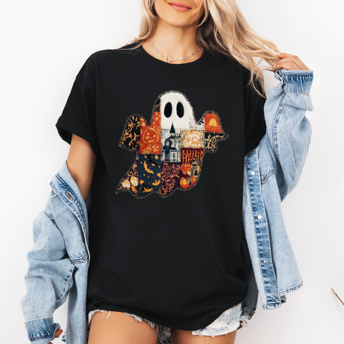 Ghost Faux Quilt Classic Halloween Fall Autumn Cozy Vintage Inspired Graphic Tee