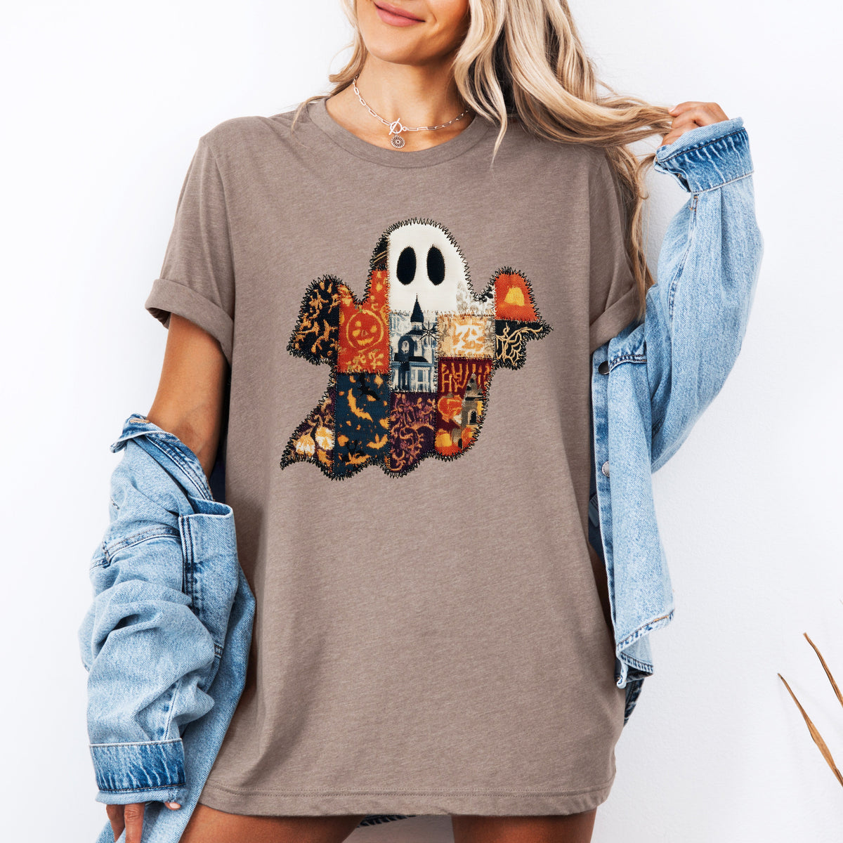 Ghost Faux Quilt Classic Halloween Fall Autumn Cozy Vintage Inspired Graphic Tee