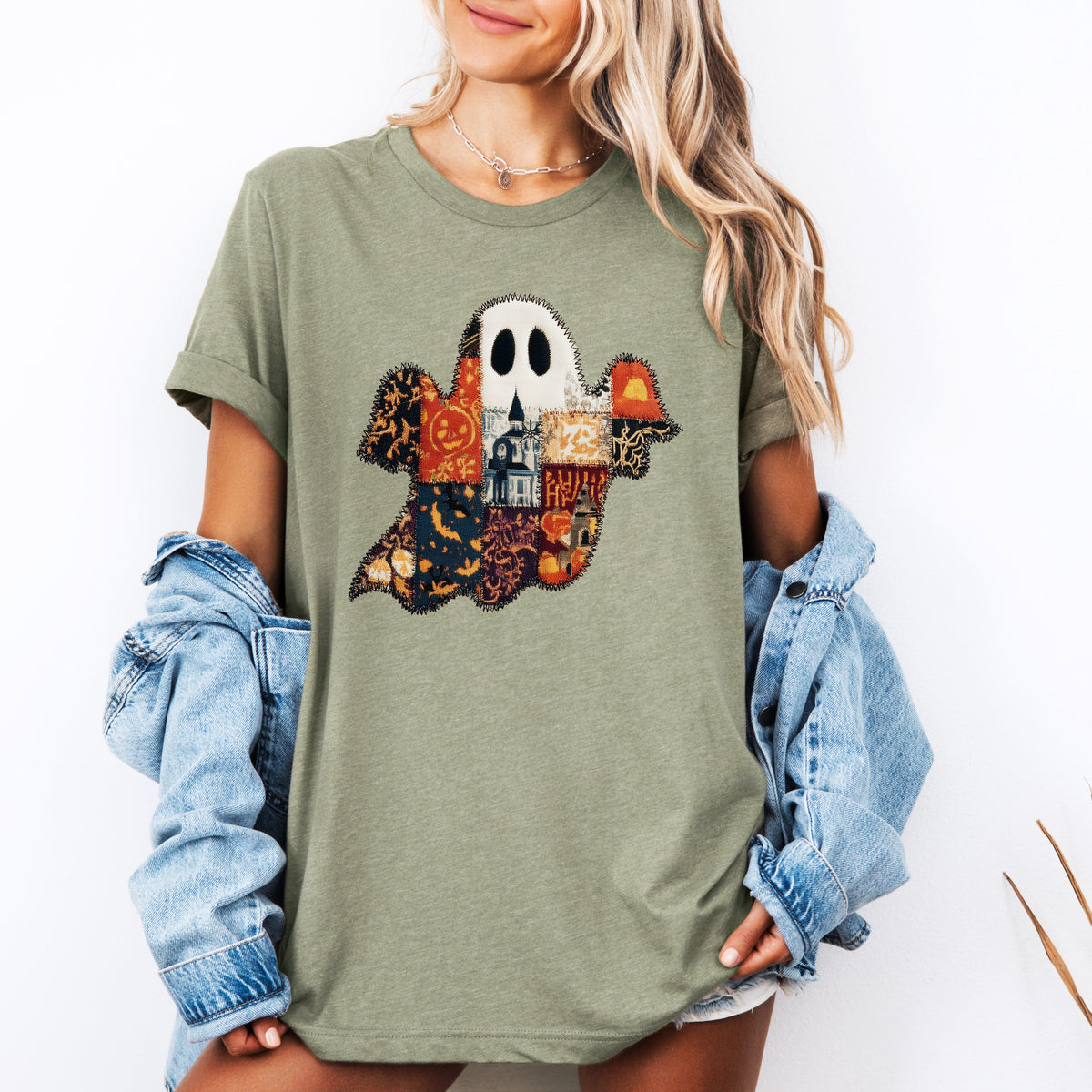 Ghost Faux Quilt Classic Halloween Fall Autumn Cozy Vintage Inspired Graphic Tee
