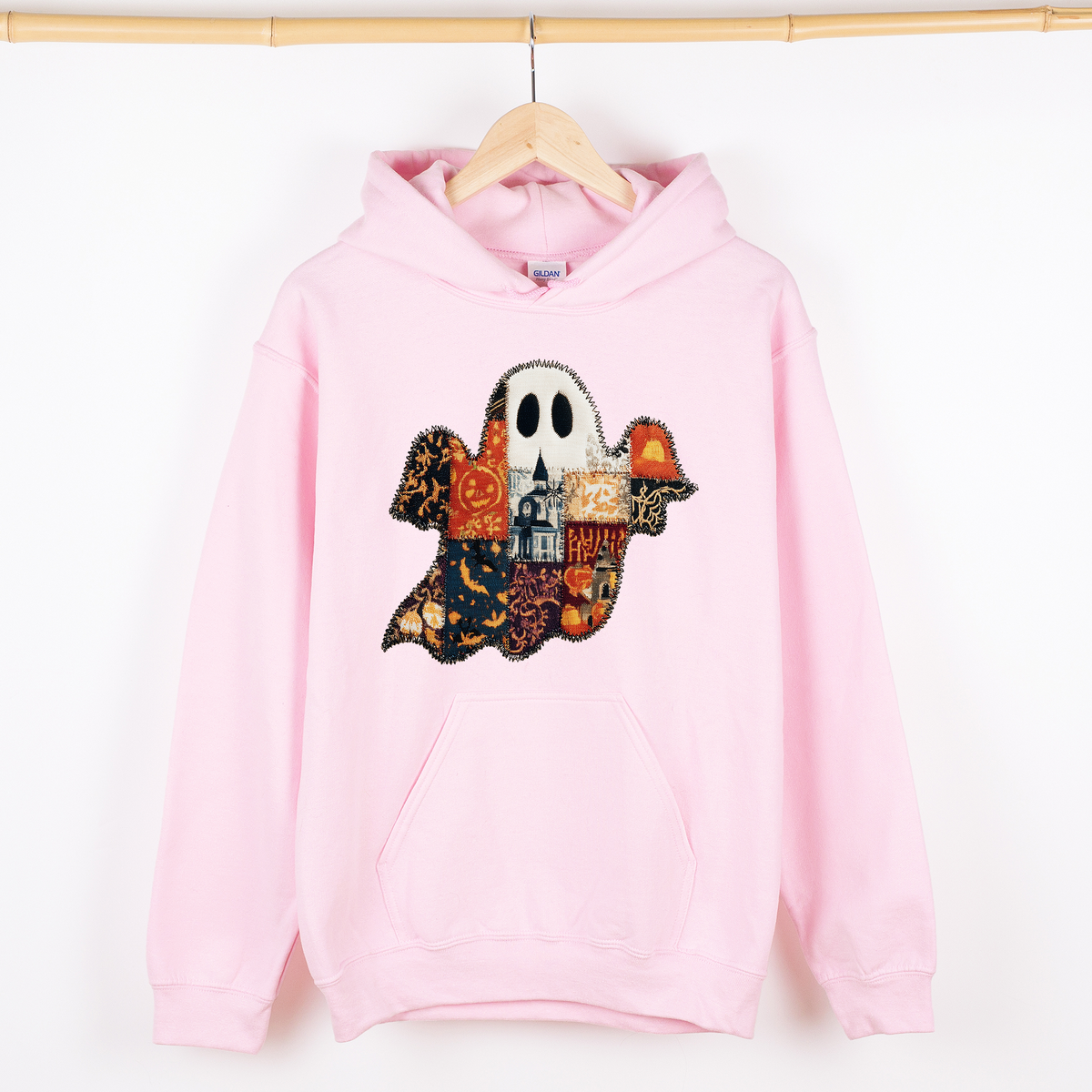 Ghost Faux Quilt Vintage Haunted Autumn Charm Cozy Spooky Patchwork Nightfall Graphic Hoodie