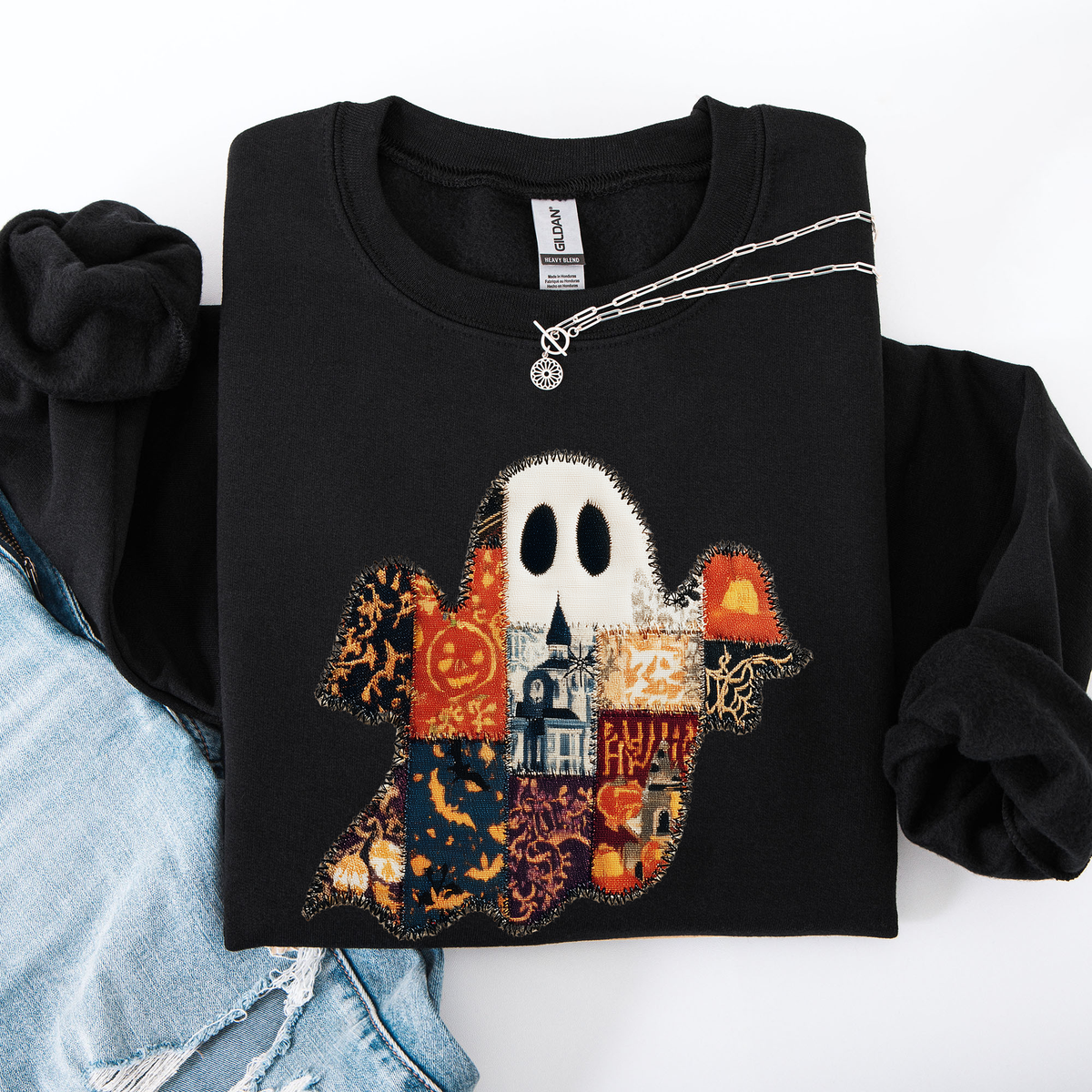 Ghost Faux Quilt Classic Halloween Fall Cozy Nights Festive Timeless Spooky Style Sweatshirt