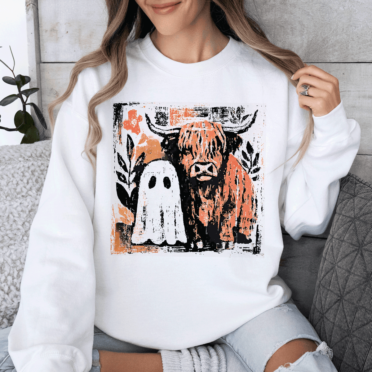 Ghost and Cow Cute Autumn Halloween Spooky Fall Cozy Nostalgic Seasonal Sweatshirt