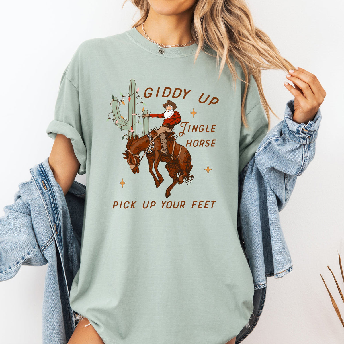 Giddy Up Jingle Horse Santa Christmas Rocking Around Cowboy Country Western Xmas Comfort Colors Tee
