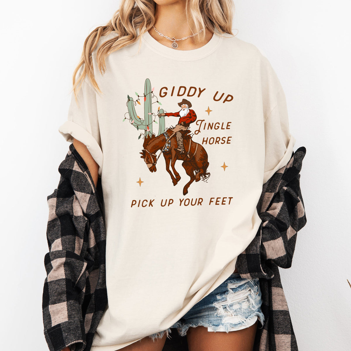 Giddy Up Jingle Horse Santa Christmas Rocking Around Cowboy Country Western Xmas Comfort Colors Tee