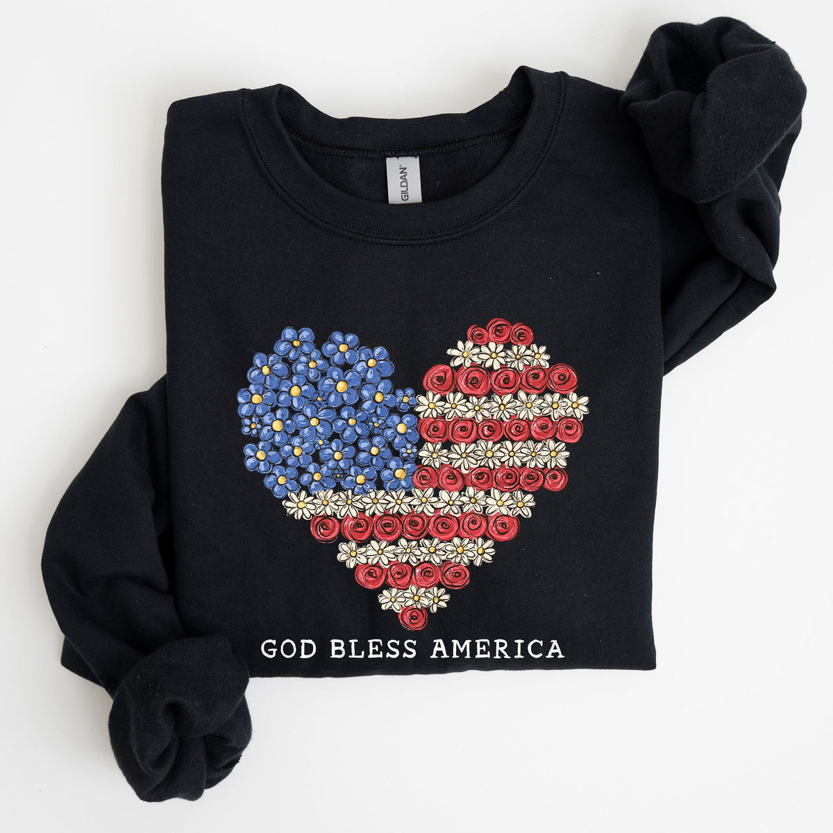 God Bless America Flowers Flag Heart Patriotic Floral Emblem Cozy Cotton Vintage Heritage Sweatshirt
