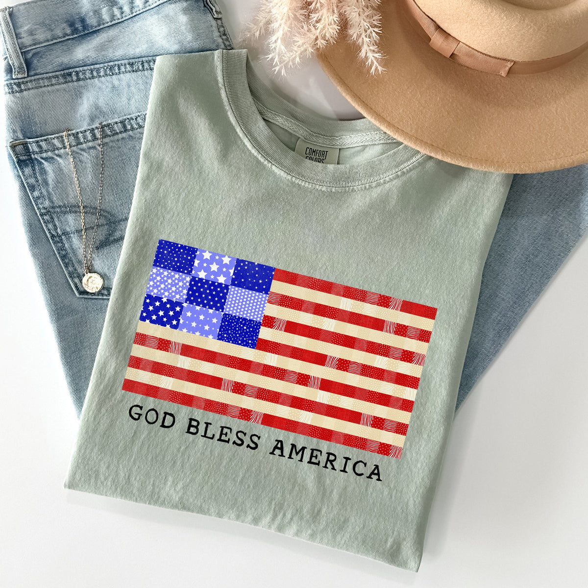 God Bless America Land That I Love USA Flag Patriotic Graphic Comfort Colors Tee