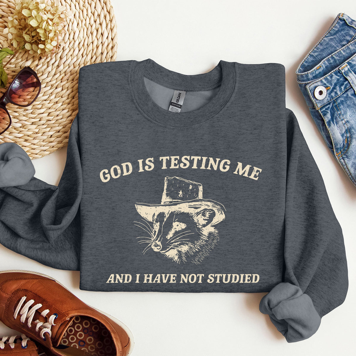 God Is Testing Me Opossum Possum Graphic Expression Of Faith Wit And Southern Charm Sweatshirt
