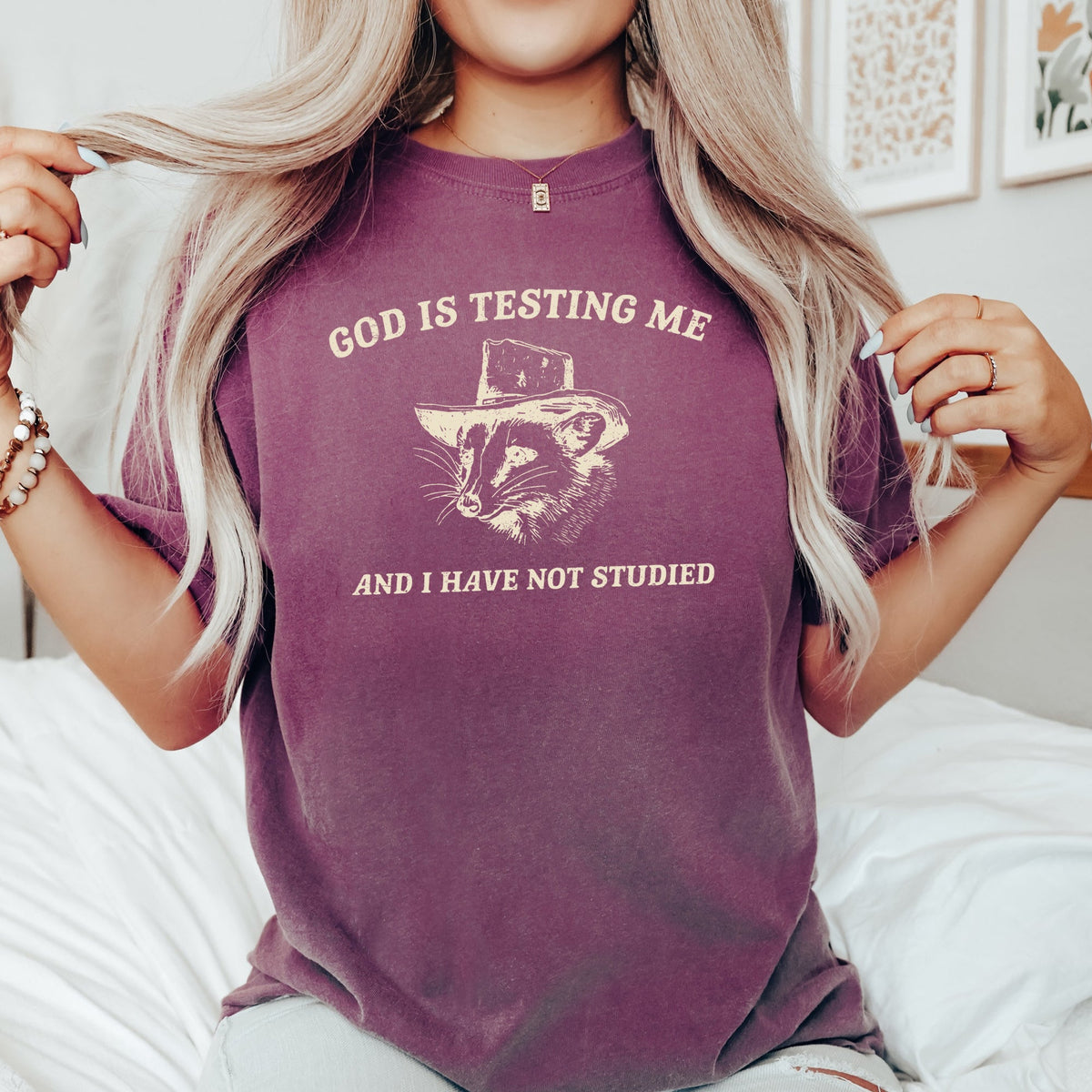 God Is Testing Me Possum Meme Laughing Through Adversity Quirky Animal Humor Edition Comfort Colors Tee