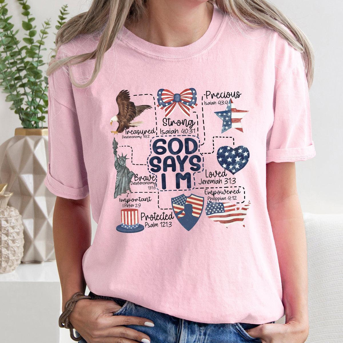 God Says I Am Patriotic Protected Strong Powerful Brave Bold Courageous Faithful Comfort Colors Tee