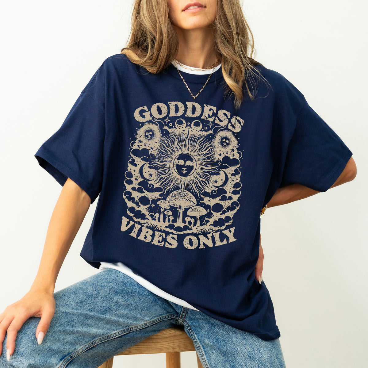 Goddess Vibes Only Spiritual Tarot Mystical Moon Sun Mushrooms Self Care Mental Health Comfort Colors Tee
