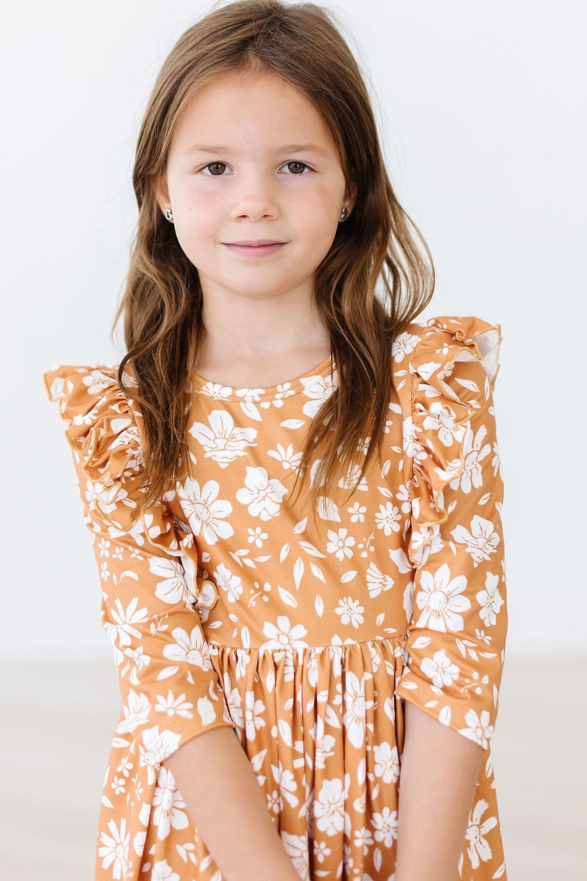 Golden Blooms 3/4 Sleeve Ruffle Twirl Dress