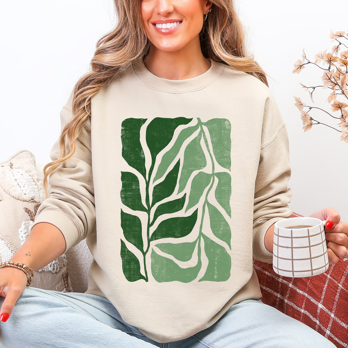 Green Leaf Botanica Vintage Boho Nature Inspired Minimalist Botanical Print Sweatshirt