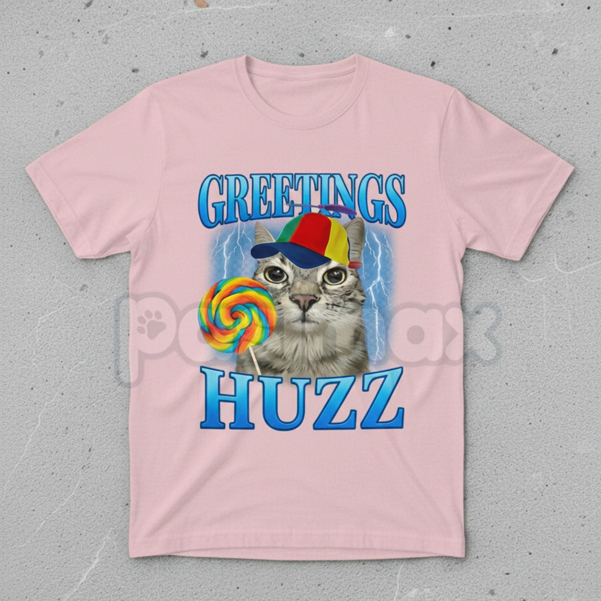 "Greetings Huzz" Lollipop Cat Meme T-Shirt - Funny Silly Brainrot Cat Tee, Viral Internet Humor Graphic Shirt, Ironic Gen Alpha Slang Fan Gift