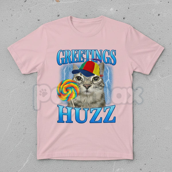 "Greetings Huzz" Lollipop Cat Meme T-Shirt - Funny Silly Brainrot Cat Tee, Viral Internet Humor Graphic Shirt, Ironic Gen Alpha Slang Fan Gift