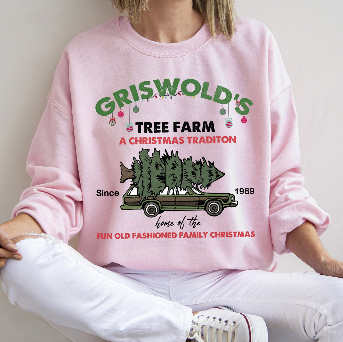 Griswold's Tree Farm Christmas Holiday Cozy Farmhouse Scene With Pine And Lights Sweatshirt