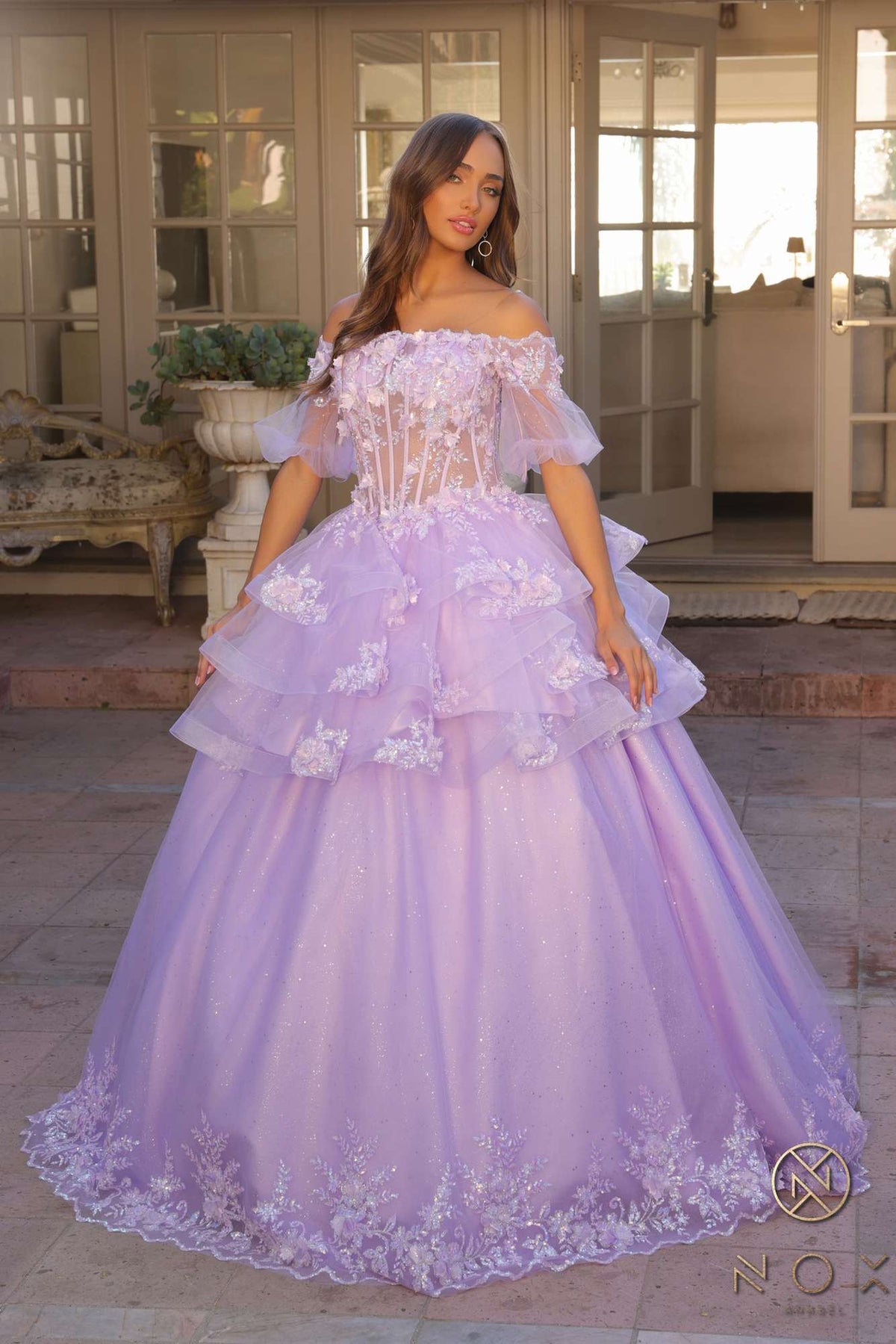 Nox Anabel H1360 Off the Shoulder 3D Floral A-Line Gown Removable Skirt