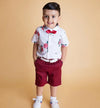 Floral Boy Gentleman Outfits Suit Short Sleeve Toddler Bow Tie Shirt Tops +Red Shorts Summer Set For Boy Kids Form 1-5 Years