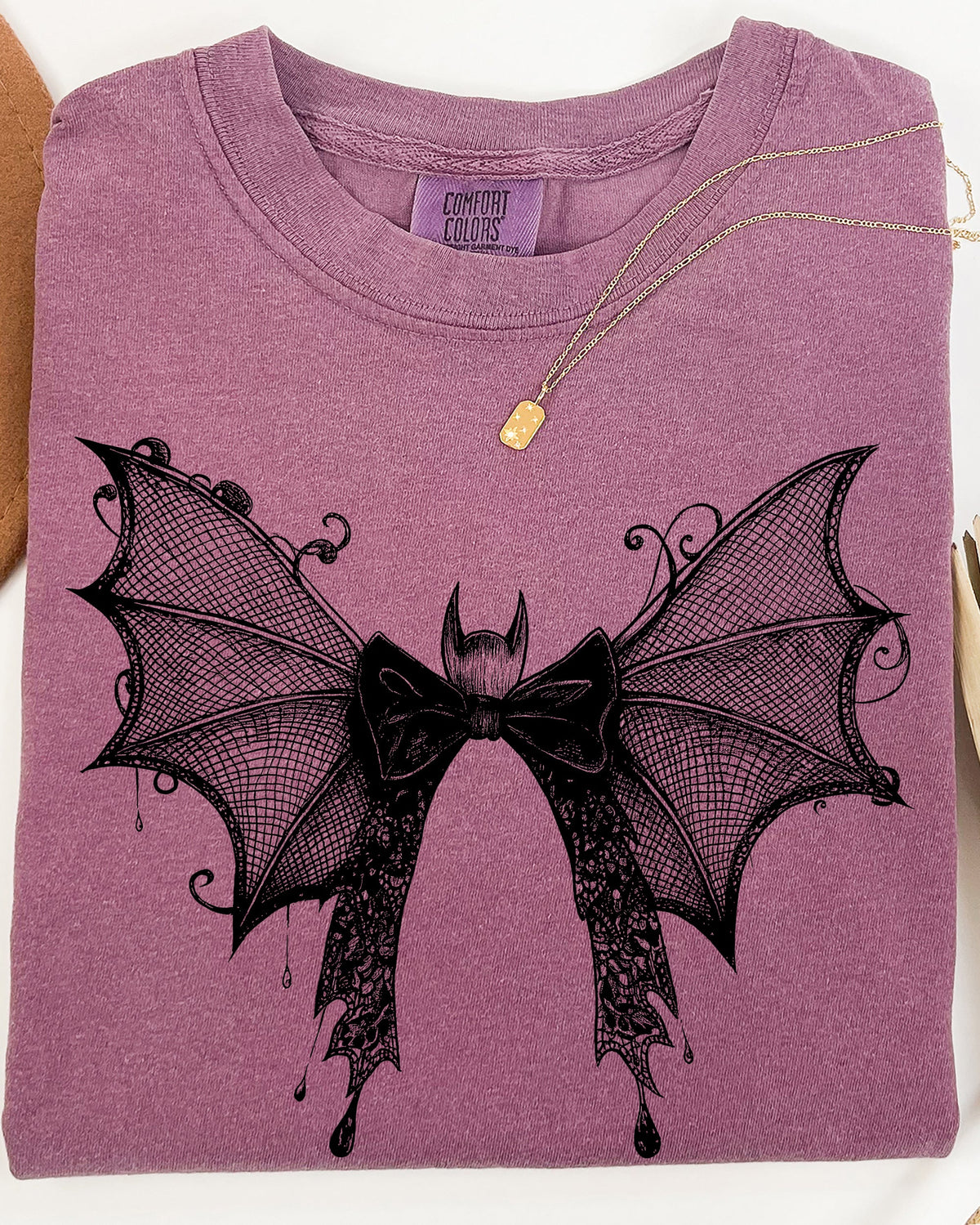 Halloween Bat With Delicate Lace Gothic Witch Silhouette And Spooky Night Motif Comfort Colors Tee