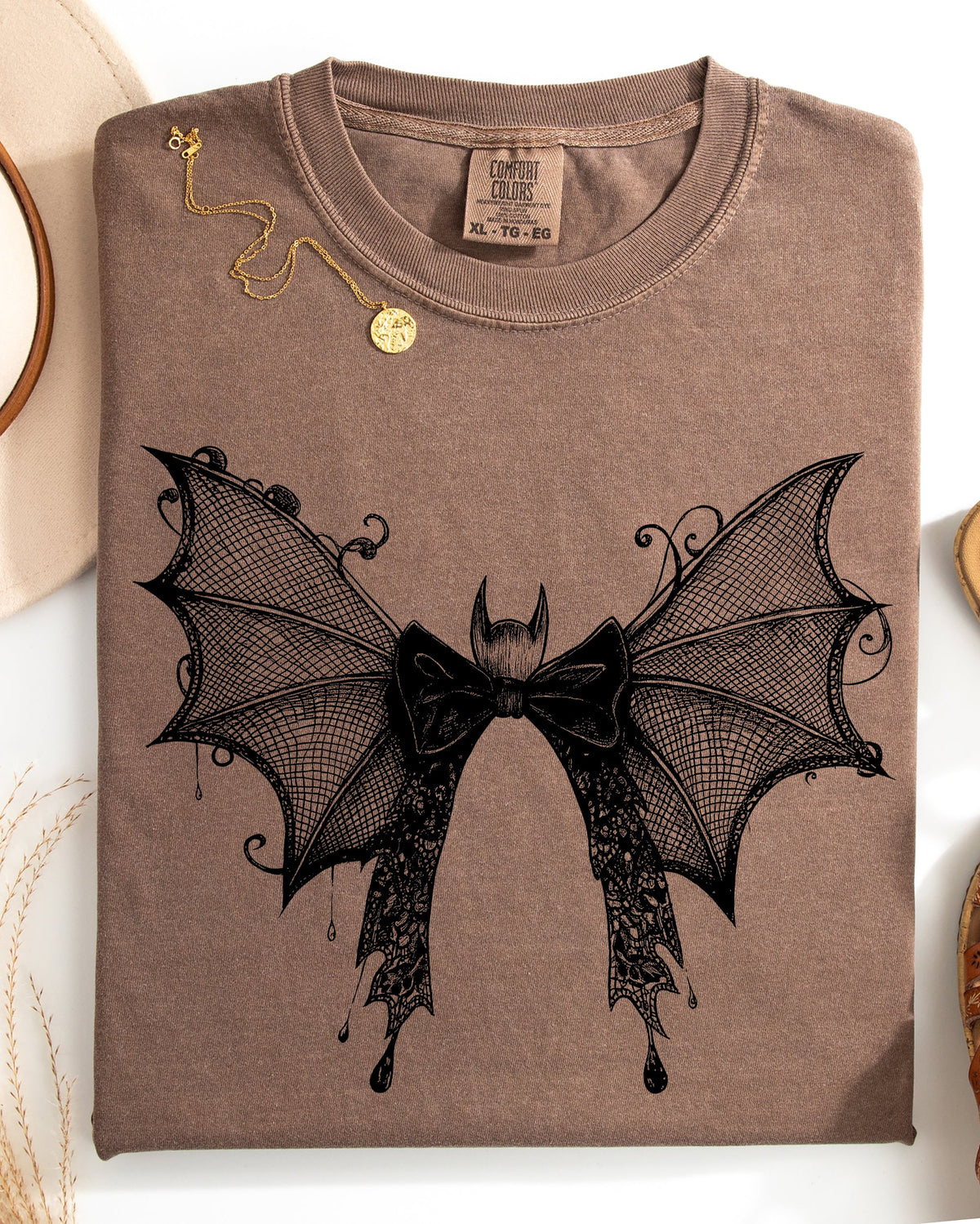 Halloween Bat With Delicate Lace Gothic Witch Silhouette And Spooky Night Motif Comfort Colors Tee