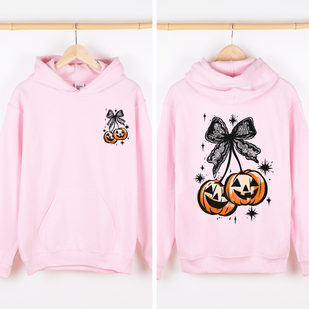 Halloween Cherry Pumpkins Front And Back Vintage Cartoon Style Illustrations Autumn Night Theme Graphic Hoodie