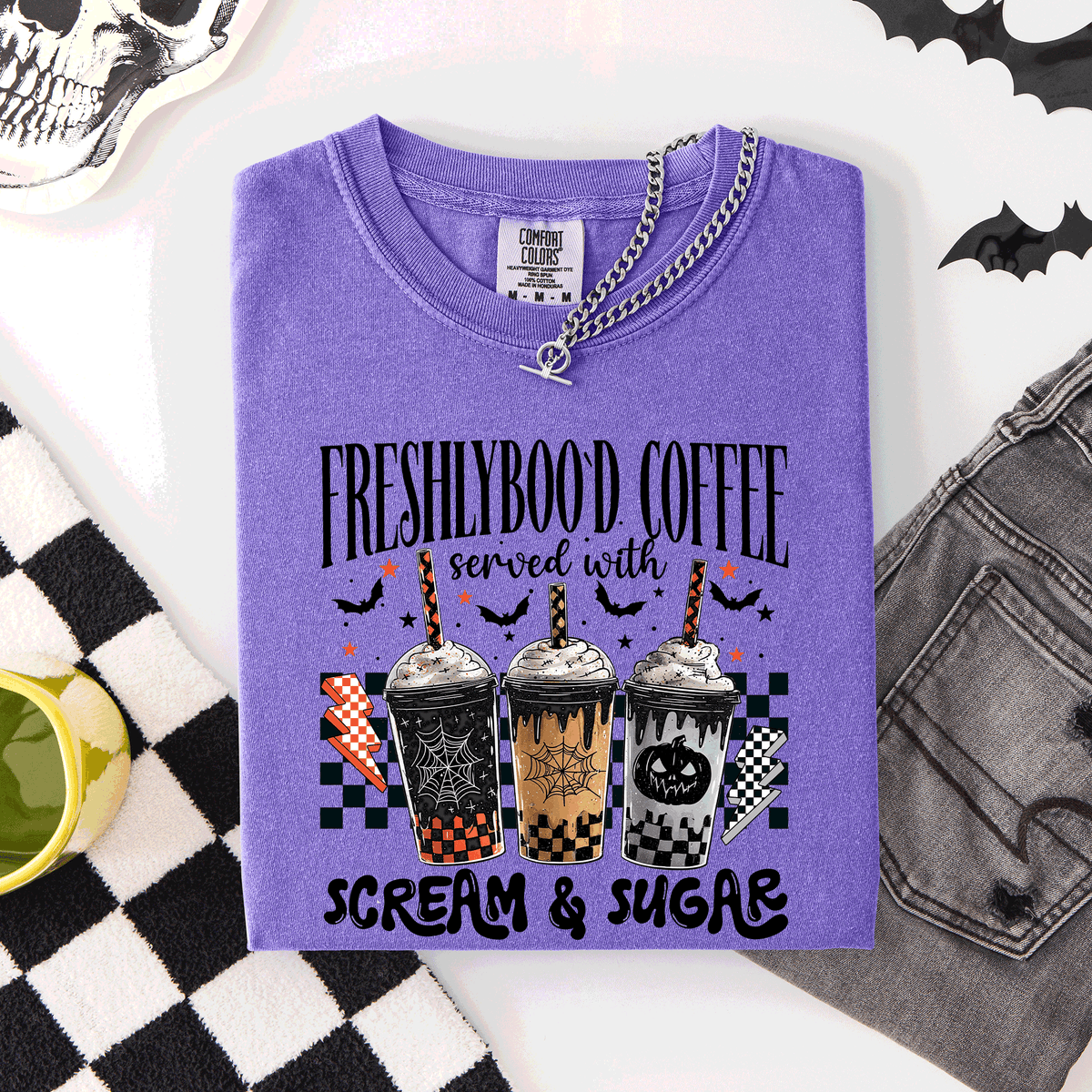 Freshly Boo'd Halloween Coffee Witch Spooky Cozy Night Vibes Graphic Comfort Colors Tee
